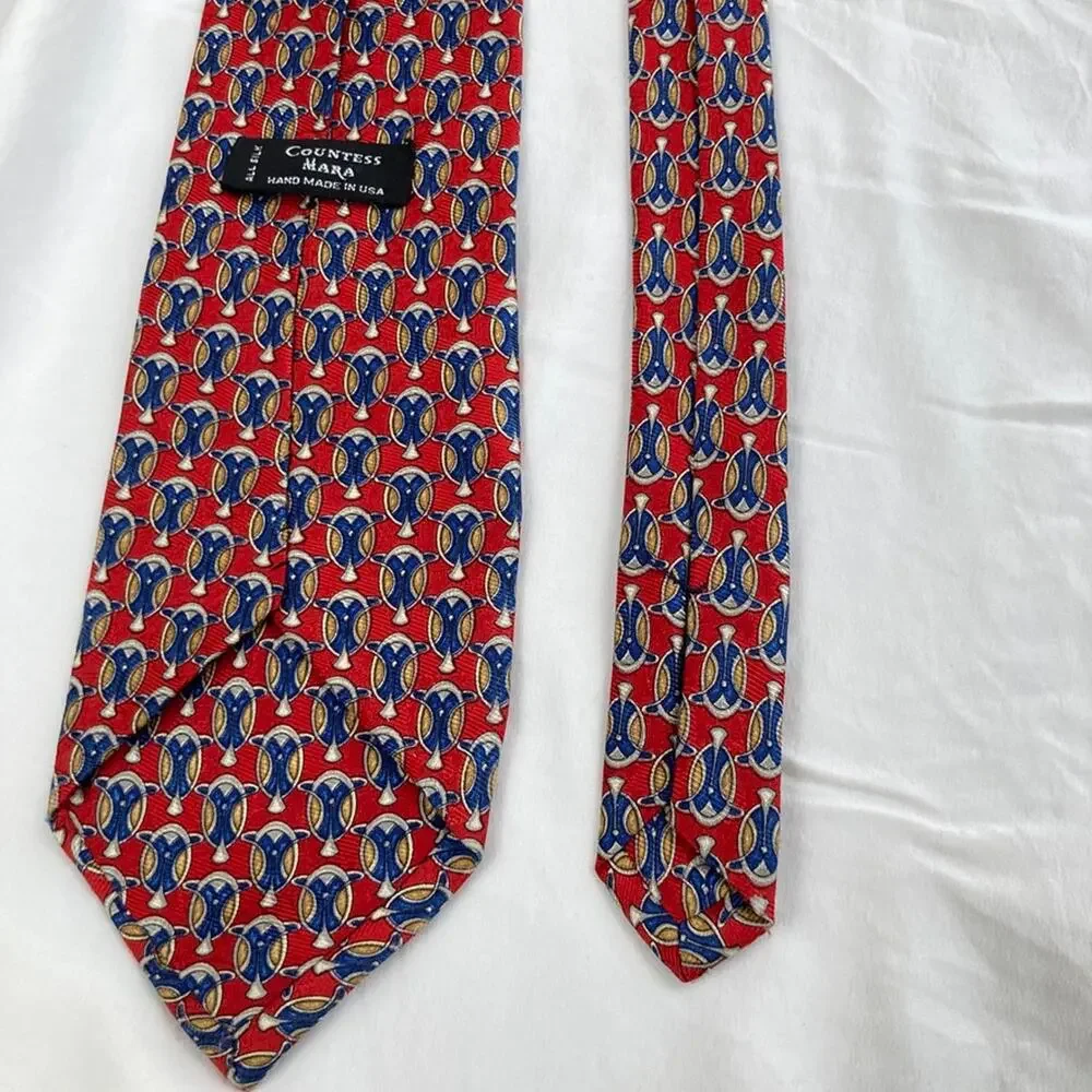 Vintage Countess Mara Short Red Silk Medallion Art Deco Print Wide Tie Designer